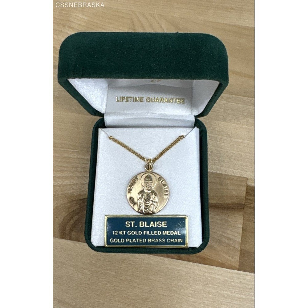 Jeweled Cross St Blaise 14K Gold Filled Medal, Gold Plated Brass Chain‎